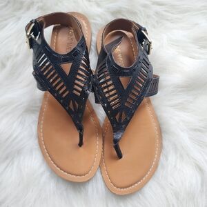 Nine West Polygala Black Leather Laser Cut Geometric Sandals - 7.5